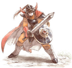 Rule 34 | 1boy, armor, boots, cape, closed mouth, dragon quest, dragon quest i, fake horns, fighting stance, full body, gloves, helmet, hero (dq1), holding, holding shield, holding sword, holding weapon, horned helmet, horns, long sleeves, male focus, orange pants, orange shirt, pants, red gloves, serious, shield, shirt, shoulder armor, solo, standing, sword, weapon, white background, yuza