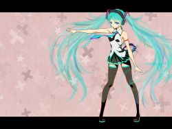 Rule 34 | 1girl, aqua eyes, aqua hair, bare shoulders, female focus, hatsune miku, headphones, highres, letterboxed, long hair, nail polish, necktie, outstretched arm, pigeon-toed, sakuu, skirt, solo, thighhighs, twintails, very long hair, vocaloid, lat model (mikumikudance)
