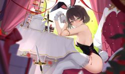 Rule 34 | 1girl, absurdres, animal ears, arm support, ass, bare arms, black leotard, blurry, blurry foreground, blush, breasts, brown hair, cake, counter:side, crossed legs, cup, detached collar, drink, dutch angle, elizabeth pendragon, fake animal ears, fake tail, food, furrowed brow, green eyes, hair between eyes, highres, knife, leaning forward, leotard, looking at viewer, parted lips, pomp (qhtjd0120), pouring, pouring onto self, rabbit ears, rabbit tail, short hair, sideboob, sitting, solo, table, tail, tea, teacup, teapot, thighhighs, thighs, tiara, white thighhighs
