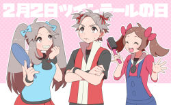 Rule 34 | 1boy, 2girls, alternate hairstyle, bad id, bad pixiv id, black wristband, blue overalls, blue shirt, brown eyes, brown hair, closed mouth, commentary request, creatures (company), crossed arms, frown, game freak, grin, hair brush, hair flaps, hands up, holding, holding hair brush, holding mirror, leaf (pokemon), long hair, looking up, lyra (pokemon), mirror, multiple girls, nintendo, outline, overalls, pleated skirt, pokemon, pokemon frlg, pokemon hgss, pumpkinpan, red (pokemon), red shirt, red skirt, shirt, skirt, sleeveless, sleeveless shirt, smile, spread fingers, sweatdrop, teeth, twintails, wristband