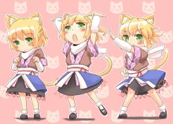 Rule 34 | 1girl, aged down, animal ears, arm up, arm warmers, arms up, blonde hair, blush, cat ears, cat girl, cat tail, child, clenched hand, extra ears, female focus, green eyes, kemonomimi mode, kokotetsu, meme, mizuhashi parsee, multiple views, obi, open mouth, parody, pointy ears, puru-see (hoshizuki (seigetsu)), sash, shirt, short hair, skirt, tail, touhou, various positions