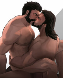 Rule 34 | 2boys, absurdres, arms around waist, bara, beard, black hair, chest hair, closed eyes, completely nude, cowgirl position, facial hair, feet out of frame, from side, graves (league of legends), hair slicked back, happy sex, highres, kiss, large pectorals, league of legends, long hair, male focus, mature male, multiple boys, muscular, muscular male, nipples, nude, pectorals, short hair, sitting, sitting on lap, sitting on person, sociopotato1, straddling, thick eyebrows, twisted fate, two-tone background, yaoi