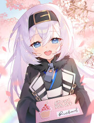 Rule 34 | 1girl, :d, absurdres, apple caramel, azur lane, black coat, black dress, black gloves, black hairband, blue eyes, bon homme richard (azur lane), character name, character signature, cherry blossoms, coat, commission, curly hair, day, dress, flower, fur-trimmed coat, fur trim, gift, gift card, gloves, hair between eyes, hairband, hands up, happy, highres, holding, holding gift, incoming gift, long hair, long sleeves, looking at viewer, open clothes, open coat, open mouth, outdoors, pink petals, pixiv commission, smile, solo, teeth, tree, upper body, upper teeth only, very long hair, white flower, white hair, wide sleeves, zipper pull tab