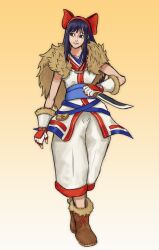 Rule 34 | 1girl, absurdres, ainu clothes, blue eyes, blue hair, boots, breasts, fingerless gloves, gloves, hair ribbon, highres, legs, long hair, nakoruru, pants, ribbon, samurai spirits, small breasts, snk, the king of fighters, thighs, weapon