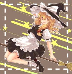 Rule 34 | :d, absurdres, arm up, bad id, bad pixiv id, blonde hair, bobby socks, bow, broom, broom riding, dutch angle, hair ribbon, hat, hat bow, highres, kirisame marisa, knees together feet apart, mary janes, open mouth, puffy short sleeves, puffy sleeves, ribbon, shoes, short sleeves, sidesaddle, skirt, skirt set, smile, socks, solo, star (symbol), touhou, turtleneck, vest, witch hat, x&amp;x&amp;x, yellow eyes