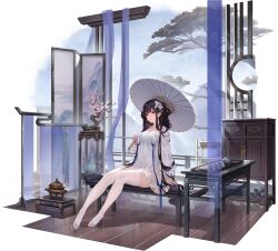 Rule 34 | 1girl, arm support, artist request, azur lane, black hair, branch, breasts, cloud, cloudy sky, day, dress, full body, hair ornament, high heels, highres, holding, long hair, long sleeves, looking at viewer, medium breasts, official art, oil-paper umbrella, red eyes, short dress, simple background, sitting, sky, smile, solo, thighhighs, thighs, tree, umbrella, white dress, yat sen (azur lane), yat sen (paragon of celestial grace) (azur lane)