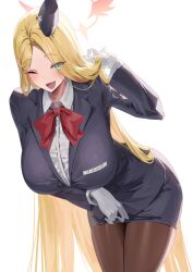 Rule 34 | 1girl, ;d, absurdres, black jacket, black skirt, blonde hair, blue archive, blush, breasts, brown pantyhose, garrison cap, gloves, halo, hat, highres, huge breasts, jacket, large breasts, long hair, looking at viewer, name tag, official alternate costume, one eye closed, open mouth, pantyhose, pencil skirt, pina (blue archive), pina (guide) (blue archive), shirt, simple background, skirt, smile, solo, tour guide, very long hair, white background, white gloves, white shirt, yamanokami eaka