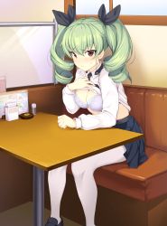 Rule 34 | 10s, 1girl, anchovy (girls und panzer), anzio school uniform, blue skirt, blush, bra, breasts, cleavage, clothes lift, collared shirt, drill hair, exhibitionism, frown, girls und panzer, green hair, hair between eyes, hair ribbon, highres, icomochi, long hair, long sleeves, looking at viewer, medium breasts, necktie, pantyhose, pleated skirt, public indecency, red eyes, restaurant, ribbon, school uniform, shirt, shirt lift, sitting, skirt, solo, sweatdrop, table, twin drills, underwear, white bra, white pantyhose, white shirt