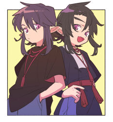 Rule 34 | 2boys, belt, black hair, black shirt, blue pants, border, character request, closed mouth, highres, looking at viewer, luo xiaohei zhanji, multiple boys, nploser, open mouth, outside border, pants, pointy ears, purple eyes, purple hair, red belt, shirt, short sleeves, sidelocks, smile, tassel, upper body, white border