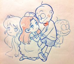 Rule 34 | 10s, 1boy, 1girl, bad id, bad twitter id, bald, bow, bowtie, chibita, child, colored pencil (medium), dress, dual persona, facial mark, flower, flower fairy (osomatsu-kun), flower girl (osomatsu-kun), hair flower, hair intakes, hair ornament, holding hands, looking at another, matsumoto (5okuen), osomatsu-kun, osomatsu-san, osomatsu (series), projected inset, shorts, sketch, smile, traditional media, whisker markings