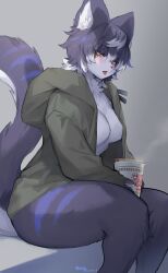 Rule 34 | 1girl, absurdres, animal ear fluff, black hair, blush, body fur, breasts, commission, cup, curvy, furry, furry female, green jacket, grey background, highres, holding, holding cup, jacket, large breasts, long sleeves, looking at viewer, multicolored hair, open clothes, open jacket, open mouth, original, short hair, simple background, sitting, skeb commission, solo, suurin (ksyaro), sweat, tail, thick thighs, thighs, tongue, tongue out, twitter username, two-tone hair, white hair, yellow eyes