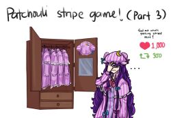 Rule 34 | ..., 1girl, aqua bow, bags under eyes, blunt bangs, bow, closet, commentary, crescent, crescent hat ornament, dress, english commentary, english text, facepalm, hat, hat ornament, highres, jacket, like and retweet, long hair, meme, mob cap, patchouli knowledge, purple bow, purple eyes, purple hair, purple jacket, simple background, striped clothes, striped dress, striped headwear, tem (insomnia tem), touhou, twitter strip game (meme), vertical-striped clothes, vertical-striped dress, vertical-striped headwear, very long hair, white background