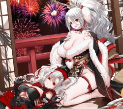Rule 34 | 2girls, azur lane, bare shoulders, breasts, cleavage, dishwasher1910, dress, elbow gloves, fingerless gloves, fireworks, fur trim, gloves, hair ornament, highres, japanese clothes, kneeling, large breasts, looking at viewer, lying, multiple girls, official alternate costume, on back, open mouth, prinz adalbert (after-hours service) (azur lane), prinz adalbert (azur lane), prinz heinrich (azur lane), prinz heinrich (fireworks and tapestries) (azur lane), red eyes, thick thighs, thigh strap, thighs, underboob, white hair