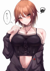 Rule 34 | 1girl, aketa mikoto, black jacket, black shirt, blush, breasts, brown hair, cleavage, collarbone, cosplay, crop top, highres, idolmaster, idolmaster shiny colors, ikaruga luca, ikaruga luca (cosplay), jacket, jacket partially removed, large breasts, looking at viewer, off-shoulder shirt, off shoulder, shirt, simple background, solo, squiggle, ssrg srrg, thought bubble, translated, upper body, white background