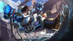 Rule 34 | 1girl, 2016, aiming, aiming at viewer, coat, dated, fur coat, fur trim, glasses, gun, hair bun, hair ornament, hair stick, hairpin, highres, ice, looking at viewer, md5 mismatch, mei (overwatch), overwatch, overwatch 1, parted lips, resolution mismatch, single hair bun, smile, snow boots, solo, source smaller, vafar7, weapon