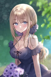 Rule 34 | 1girl, blonde hair, blue dress, blue eyes, blue ribbon, blush, breasts, cleavage, closed mouth, collarbone, commentary request, dress, flower, hair ornament, halter dress, halterneck, highres, large breasts, long hair, looking away, nagidango, neck ribbon, off-shoulder dress, off shoulder, original, purple flower, revision, ribbon, solo