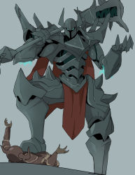 Rule 34 | 1boy, absurdres, armor, cape, full armor, gauntlets, glowing, glowing eyes, greaves, grey background, helmet, highres, holding, holding weapon, league of legends, looking at viewer, mace, mordekaiser, simple background, spiked armor, stepped on, weapon, white-stew