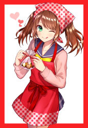 Rule 34 | 1boy, ;q, akariko, apron, blouse, blue sailor collar, blue skirt, blush, border, bow, closed mouth, commentary request, cookie, cowboy shot, food, green eyes, head scarf, heart, highres, holding, idolmaster, idolmaster side-m, long hair, long sleeves, looking at viewer, male focus, miniskirt, mizushima saki, neckerchief, one eye closed, pink ribbon, pink shirt, plaid, plaid skirt, polka dot, polka dot ribbon, red apron, red border, red ribbon, ribbon, sailor collar, school uniform, serafuku, shirt, sidelocks, simple background, skirt, solo, tongue, tongue out, twintails, valentine, white background, yellow bow, yellow neckerchief