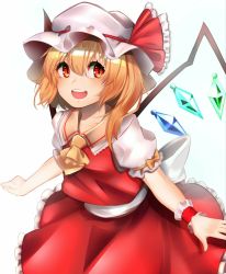 Rule 34 | 1girl, alternate eye color, arm strap, ascot, blonde hair, blush, cowboy shot, flandre scarlet, frilled ribbon, frills, gradient eyes, hair between eyes, hat, hat ribbon, highres, looking at viewer, mob cap, multicolored eyes, open mouth, orange eyes, pero (peroneko0510), puffy short sleeves, puffy sleeves, red eyes, red ribbon, red skirt, red vest, red wrist cuffs, ribbon, shirt, short hair, short sleeves, side ponytail, simple background, single wrist cuff, skirt, skirt set, smile, solo, touhou, vest, white background, white hat, white shirt, wings, wrist cuffs, yellow ascot