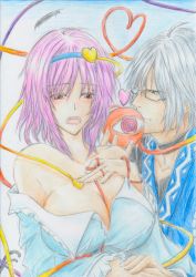 Rule 34 | 1boy, 1girl, ahoge, alternate breast size, bad id, bad pixiv id, bare shoulders, blush, breasts, choker, cleavage, collarbone, colored pencil (medium), feathers, hairband, heart, heart of string, hetero, highres, komeiji satori, large breasts, long sleeves, morichika rinnosuke, multiple tails, off shoulder, aged up, open mouth, pencil, pink hair, red eyes, short hair, silver hair, smile, tail, third eye, touhou, traditional media, two tails, yellow eyes, you (esparda)