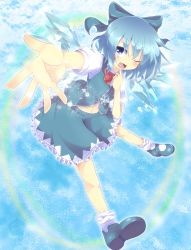 Rule 34 | 1girl, blue eyes, blue hair, cirno, colorized, do (4-rt), fang, finger to mouth, hair ribbon, highres, ice, ice wings, josephine (twin tail rabbit), mary janes, matching hair/eyes, midriff, navel, open mouth, outstretched arm, outstretched hand, perspective, puffy sleeves, ribbon, shoes, short hair, skirt, smile, solo, touhou, wings