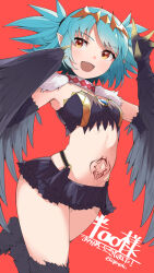 Rule 34 | 1girl, bird legs, black feathers, black skirt, black wings, blue hair, blush, breasts, claws, commentary request, commission, feathers, goten (510gensoku), harpy, heart, heart tattoo, highres, indie virtual youtuber, lincoro, monster girl, navel, open mouth, orange eyes, pointy ears, red background, short hair, short twintails, skeb commission, skirt, small breasts, solo, stomach tattoo, talons, tattoo, tiara, twintails, virtual youtuber, winged arms, wings