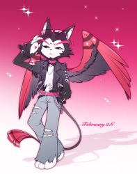 Rule 34 | 1boy, :&lt;, absurdres, alternate costume, animal ears, animal nose, belt, belt chain, black belt, black fur, black jacket, black sclera, black wings, cat boy, cat ears, chinese commentary, chunjian (chenlu769), claws, closed mouth, collar, colored sclera, commentary request, dated, denim, eyewear on head, fashion, frown, full body, fur-tipped tail, furry, furry male, gradient background, hand in pocket, hand up, hazbin hotel, heart collar, highres, husk (hazbin hotel), jacket, jeans, long sleeves, looking to the side, male focus, multicolored wings, multiple belts, open clothes, open jacket, pants, pink-tinted eyewear, pink background, pink belt, pink collar, red wings, shirt, simple background, solo, sparkle, spiked collar, spikes, standing, studded jacket, sunglasses, tail, tinted eyewear, torn clothes, torn pants, torn shirt, two-tone fur, white fur, white shirt, wings, yellow eyes