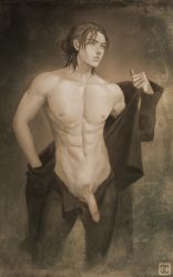 Rule 34 | 1boy, absurdres, art of neight, eren yeager, highres, male focus, open pants, pants, penis, sepia, shingeki no kyojin, solo, topless male