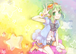 Rule 34 | 1girl, ameiro, arm support, bad id, bad pixiv id, bow, bowtie, face, goggles, goggles on head, green eyes, green hair, gumi, matching hair/eyes, shoes, short hair, shorts, sitting, smile, solo, star (symbol), v, vocaloid, wariza, wrist cuffs