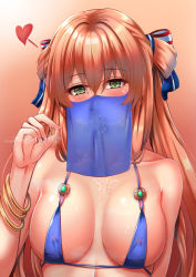 Rule 34 | 1girl, bare shoulders, bikini, bikini top only, blue bikini, blush, bracelet, breasts, collarbone, covered erect nipples, covered mouth, cum, cum on body, cum on fingers, girls&#039; frontline, green eyes, hair ornament, hair ribbon, heart, heart print, highres, jewelry, long hair, looking at viewer, medium breasts, nail polish, orange hair, pink nails, ribbon, simple background, solo, springfield (girls&#039; frontline), swimsuit, upper body, veil, xlscaler