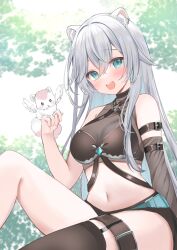 Rule 34 | 1girl, animal ears, aone ioru, bare shoulders, belt, black choker, black shirt, black shorts, black thighhighs, breasts, chest harness, choker, cleavage, creature, crop top, detached sleeves, earrings, green eyes, hamico, hand up, harness, highres, indie virtual youtuber, jewelry, knee up, large breasts, long hair, looking at viewer, medium breasts, midriff, navel, open mouth, see-through, see-through cleavage, shirt, short shorts, shorts, single detached sleeve, single thighhigh, sitting, sleeveless, sleeveless shirt, smile, solo, stomach, thigh strap, thighhighs, thighs, virtual youtuber, white hair