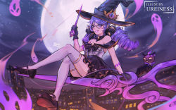 Rule 34 | 1girl, alternate costume, animal, artist name, bare shoulders, black bow, black footwear, black gloves, black headwear, black skirt, bow, cat, center frills, drill hair, frills, full moon, ghost, glasses, gloves, grey thighhighs, grin, gwen (league of legends), hair bow, hand up, hat, highres, holding, holding needle, holding weapon, lace, lace-trimmed skirt, lace trim, league of legends, moon, needle, night, outdoors, pink hair, pink lips, raion rennes, round eyewear, shoes, skirt, smile, swept bangs, teeth, thighhighs, twin drills, twintails, weapon, witch hat, yuumi (league of legends)