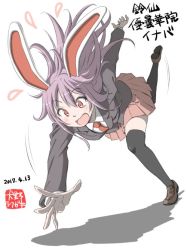 Rule 34 | 1girl, animal ears, black thighhighs, blazer, brown footwear, character name, collared shirt, dated, flying sweatdrops, full body, inuno rakugaki, jacket, light purple hair, loafers, long hair, long sleeves, necktie, open mouth, pink skirt, purple jacket, rabbit ears, red eyes, red necktie, reisen udongein inaba, shirt, shoes, skirt, solo, thighhighs, touhou, tripping, white background, white shirt