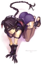 Rule 34 | 00s, 1girl, absurdres, all fours, alternate costume, ar tonelico, ar tonelico i, black hair, braid, eyepatch, feet, gloves, green eyes, gust, hair ornament, highres, japanese clothes, long hair, misha arsellec lune, nagi ryou, ninja, official art, sandals, smile, solo, thighhighs, very long hair, zori, zouri