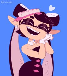 Rule 34 | 1girl, artist name, black hair, black jumpsuit, blue background, callie (splatoon), casroder, closed eyes, collar, earrings, fang, food, food on head, gloves, heart, jewelry, jumpsuit, long hair, mask, mole, mole under eye, nintendo, object on head, open mouth, short jumpsuit, simple background, smile, solo, splatoon (series), strapless, swept bangs, twintails, twitter username, upper body, white collar, white gloves