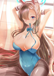 Rule 34 | 1girl, animal ears, areola slip, armpits, arms up, asuna (blue archive), asuna (bunny) (blue archive), black pantyhose, blue archive, blue eyes, blue pantyhose, blush, bow, bowtie, breasts, cleavage, closed mouth, commentary request, covered navel, curtains, fake animal ears, gauntlets, hair over eyes, halo, highres, large breasts, leotard, light brown hair, long hair, looking at viewer, mole, mole on breast, mouth hold, pantyhose, playboy bunny, rabbit ears, shiny skin, sitting, smile, solo, traditional bowtie, very long hair, window, xenon (for achieve)