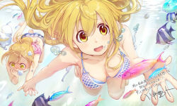 Rule 34 | 2girls, :d, air bubble, artist name, asphyxiation, barefoot, bikini, blonde hair, breasts, breath, bubble, cleavage, collarbone, diving, drowning, empty eyes, fish, freediving, holding hands, hayama kou, hayama teru, holding breath, kawai makoto, long hair, multiple girls, open mouth, outstretched hand, sansha san&#039;you, shaded face, siblings, signature, sisters, smile, swimming, swimsuit, tears, underwater, yellow eyes