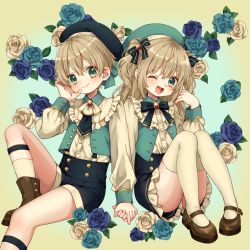Rule 34 | 1boy, 1girl, aqua eyes, ascot, blonde hair, blue flower, closed mouth, flower, hat, highres, knees together feet apart, long hair, long sleeves, looking at viewer, matching outfits, open mouth, original, rii (pixiv11152329), short hair, short shorts, shorts, siblings, sitting, smile, socks, suspender shorts, suspenders, thighhighs, twins, wavy hair, white thighhighs