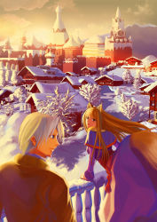 Rule 34 | 1boy, 1girl, animal ears, capelet, craft lawrence, cross, dress, highres, holo, paku, red eyes, russia, snow, spice and wolf, st basil&#039;s cathedral, sunset, tail, winter, wolf ears, wolf tail