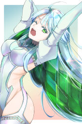 Rule 34 | 1girl, absurdres, ahoge, blue hair, breasts, colored inner hair, crystal hair, fate/grand order, fate (series), gradient background, green eyes, green hair, highres, kate (shootingstar), kukulkan (fate), kukulkan (second ascension) (fate), light blue hair, long hair, medium breasts, multicolored hair, one eye closed, open clothes, sideless outfit, simple background, solo, upper body, very long hair, yawning