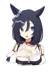 Rule 34 | 1girl, absurdres, animal ears, black hair, blue eyes, breasts, choker, cleavage, cropped torso, detached sleeves, dirndl, dot nose, eishin flash (umamusume), german clothes, hair between eyes, hand on own chest, highres, horse ears, long sleeves, looking at viewer, michia (bourgognepony), open mouth, photoshop (medium), simple background, smile, solo, umamusume, upper body