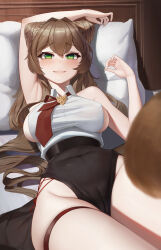 Rule 34 | 1girl, absurdres, arm up, armpits, bare shoulders, bed, blush, breasts, brown hair, cameltoe, cleft of venus, collared shirt, commentary, commission, cone hair bun, covered navel, double bun, green eyes, hair bun, hantata, highres, large breasts, long hair, looking at viewer, lying, necktie, on back, on bed, original, pillow, red necktie, shirt, shirt tucked in, sideboob, sleeveless, sleeveless shirt, smile, solo, tail, thigh strap, white shirt
