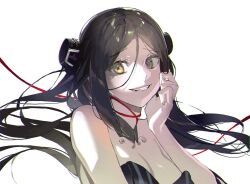 Rule 34 | 1girl, black collar, black hair, breasts, cleavage, collar, detached collar, dreamer (girls&#039; frontline), floating hair, girls&#039; frontline, hair ornament, hand on own face, highres, large breasts, long hair, looking at viewer, parted lips, simple background, smile, solo, teeth, upper body, white background, yellow eyes, yongsadragon