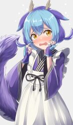 Rule 34 | 1girl, absurdres, antlers, apron, blue hair, blush, brown eyes, commentary request, dragon girl, dragon horns, dragon tail, duel monster, fingerless gloves, frilled apron, frills, gloves, grey background, hair between eyes, hands up, highres, horns, japanese clothes, kimono, kirikan (cokekiri), laundry dragonmaid, long sleeves, looking at viewer, multicolored hair, nose blush, open mouth, purple gloves, purple hair, purple kimono, revision, simple background, solo, tail, tears, two-tone hair, wavy mouth, white apron, wide sleeves, yu-gi-oh!