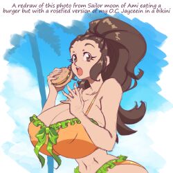 Rule 34 | 1girl, bikini, bow, breasts, brown eyes, brown hair, burger, cleavage, cloud, collarbone, commentary, english commentary, english text, food, frilled bikini, frills, green bow, holding, holding food, huge breasts, long hair, looking at viewer, n647, navel, open mouth, orange bikini, original, palm tree, ponytail, sky, solo, swimsuit, tree