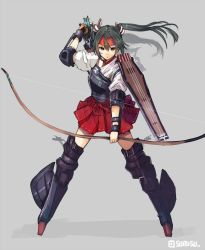 Rule 34 | 10s, 1girl, arrow (projectile), bow, bow (weapon), grey background, hair ribbon, highres, japanese clothes, kantai collection, long hair, looking at viewer, md5 mismatch, muneate, pleated skirt, resized, ribbon, skirt, solo, sumisu (mondo), twintails, weapon, zuikaku (kancolle)