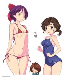 Rule 34 | 2boys, 2girls, anger vein, arms behind back, asymmetrical bangs, bikini, blue eyes, blush, bouncing breasts, bow, breasts, brown hair, clenched hand, competition school swimsuit, covered erect nipples, covered navel, gegege no kitarou, hair bow, hair ornament, hairclip, hand on own chin, highres, inuyama mana, kitarou, looking at viewer, medama oyaji, medium breasts, micro bikini, mudou eichi, multiple boys, multiple girls, navel, nekomusume, one-piece swimsuit, open mouth, pointy ears, ponytail, purple hair, red bikini, red bow, school swimsuit, short hair, side-tie bikini bottom, simple background, small breasts, stomach, string bikini, stroking own chin, sweatdrop, swimsuit, white background, yellow eyes
