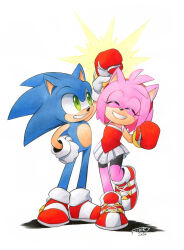 Rule 34 | 1boy, 1girl, alternate costume, amy rose, boxing gloves, closed eyes, dated, finik, furry, furry female, furry male, gloves, highres, shoes, simple background, sonic (series), sonic the hedgehog, white background, white gloves