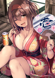 Rule 34 | 1girl, blush, breasts, brown eyes, brown hair, cleavage, collarbone, hairband, hand fan, highres, indoors, japanese clothes, kantai collection, kimono, kimono pull, kuromayu, large breasts, looking at viewer, one eye closed, paper fan, red hairband, shiratsuyu (kancolle), sitting, solo, tan, tanline, wide sleeves, wooden floor