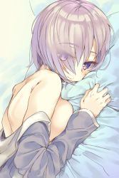 Rule 34 | 1girl, bad id, bad twitter id, bare back, bed sheet, blush, breasts, closed mouth, commentary request, eyes visible through hair, fate/grand order, fate (series), from side, hair over one eye, large breasts, long sleeves, looking at viewer, lying, mash kyrielight, mirei, off shoulder, on back, pink hair, purple eyes, short hair, sideboob, smile, solo, upper body